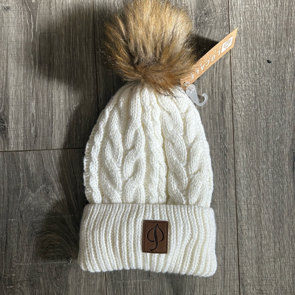 Old aspen logo leather patch White Knit Beanie with Faux Fur Pom